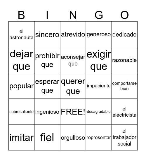 Duff Avancemos 3 Unit 4.1 Bingo Card