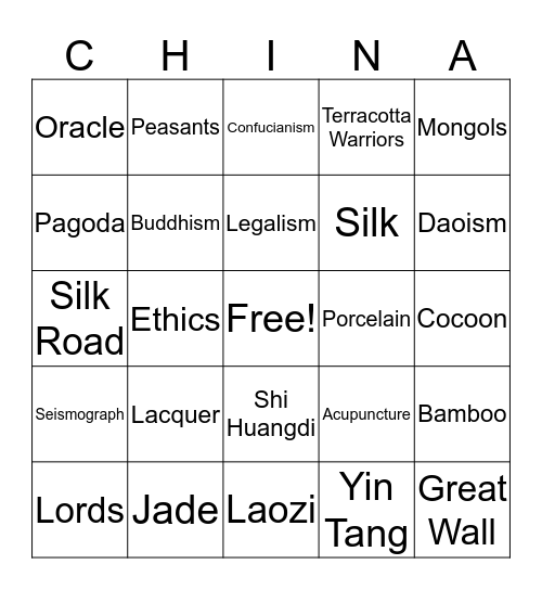 China Vocab Bingo Card