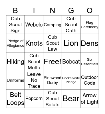 Pack 356 Bingo Card