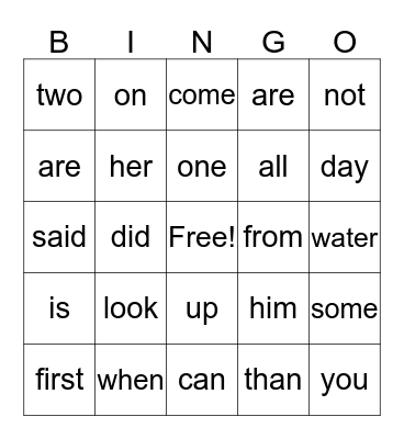 First 100 Words Bingo Card