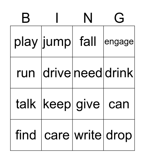 Verbs Bingo Card