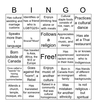 Culture Space Bingo Card