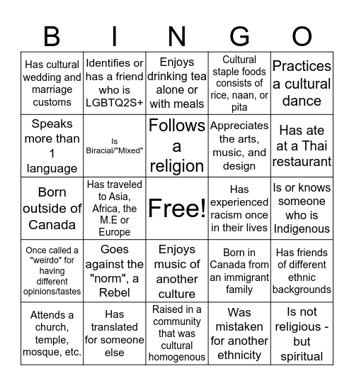 Culture Space Bingo Card