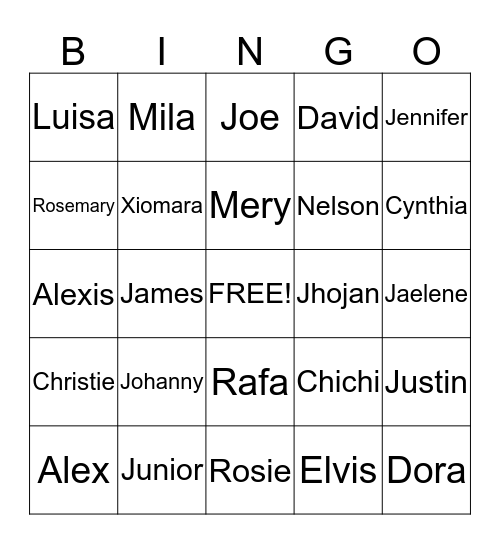 Perez Family Bingo Card