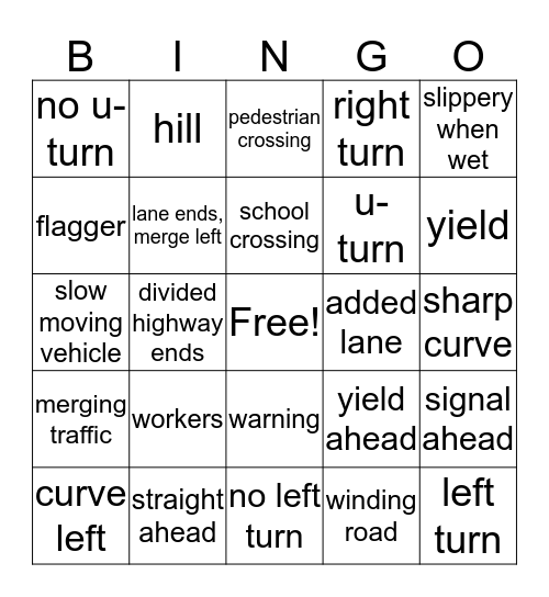 Drivers License Symbols Bingo Card