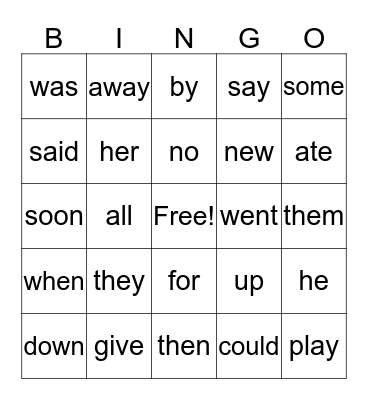 Sight Words Bingo Card