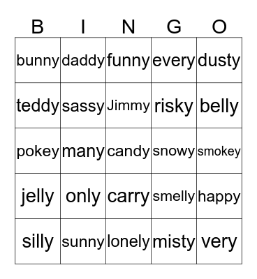 Long e spelled y Bingo Card