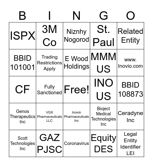 Entities Bingo Card