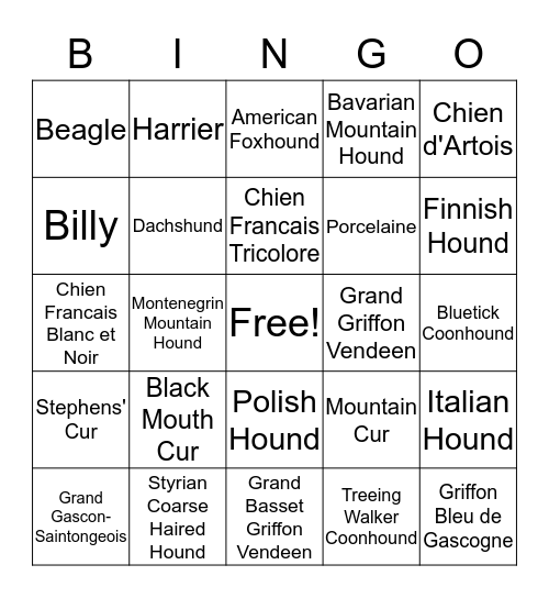 UKC Scenthound Breeds Bingo Card