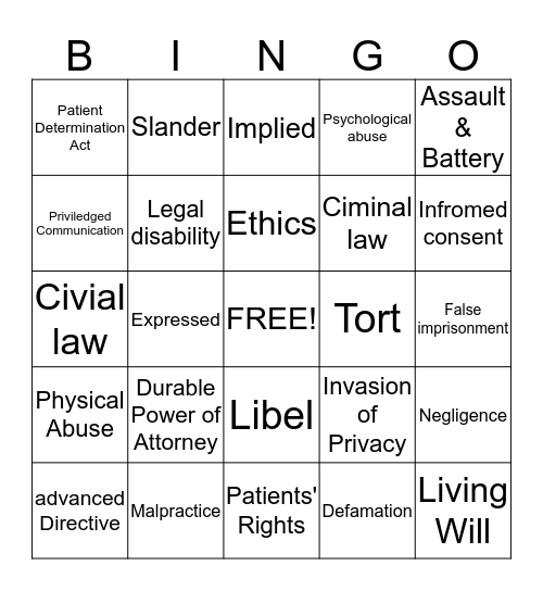 Legal Bingo Card