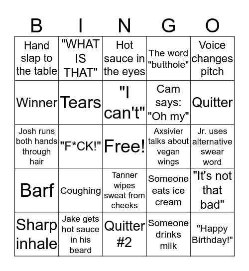 HOT ONES WING CHALLENGE Bingo Card