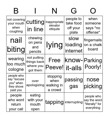 Pet Peeve Bingo Card