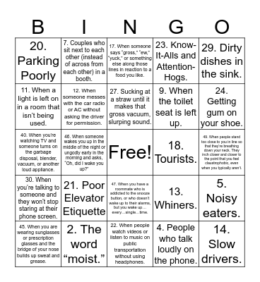 Pet Peeve Bingo Card