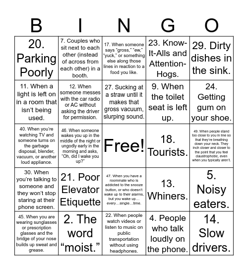 Pet Peeve Bingo Card