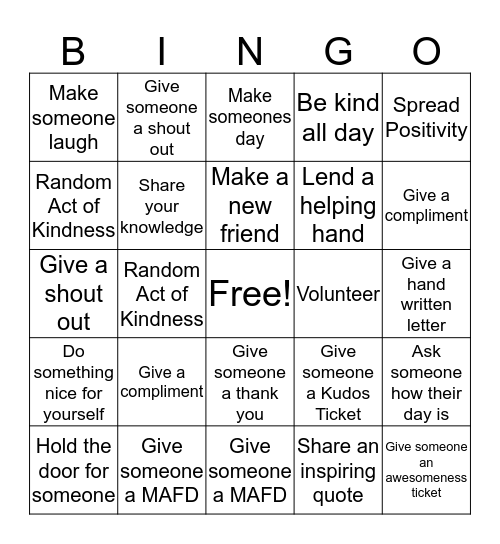 Be Kind Bingo Card