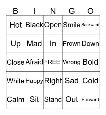 opposites Bingo Card
