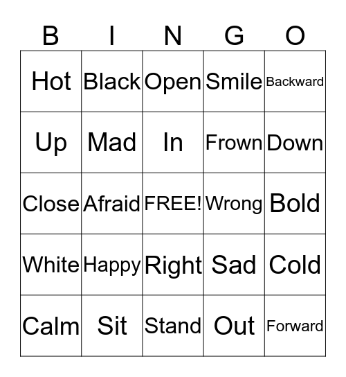 opposites Bingo Card
