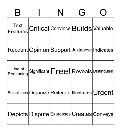 Academic Language Bingo Card