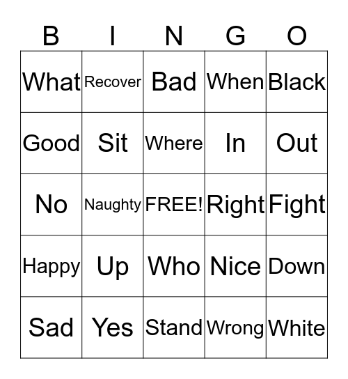 Opposites Bingo Card