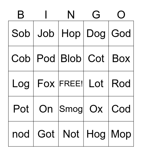 Short O sound Bingo Card