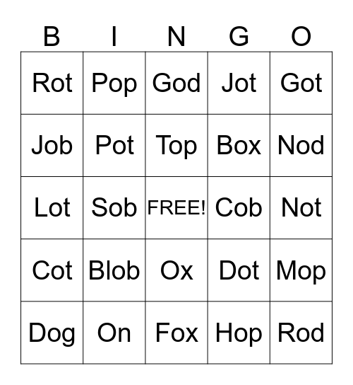 Short O sound Bingo Card