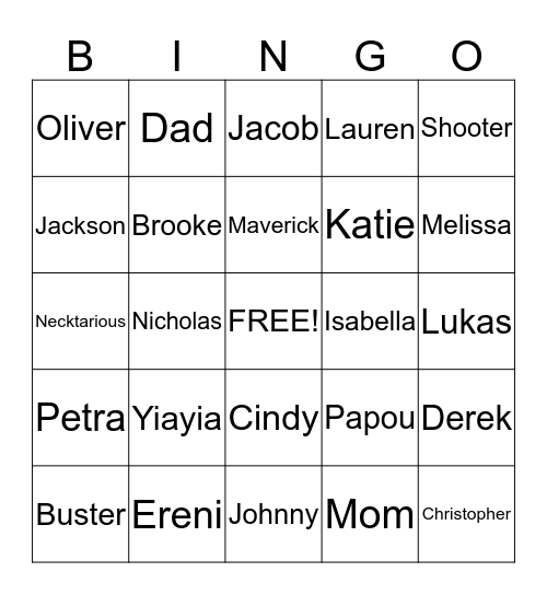 Names Bingo Card