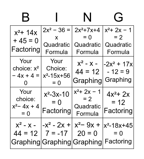 Solving Quadratics Practice Bingo Card