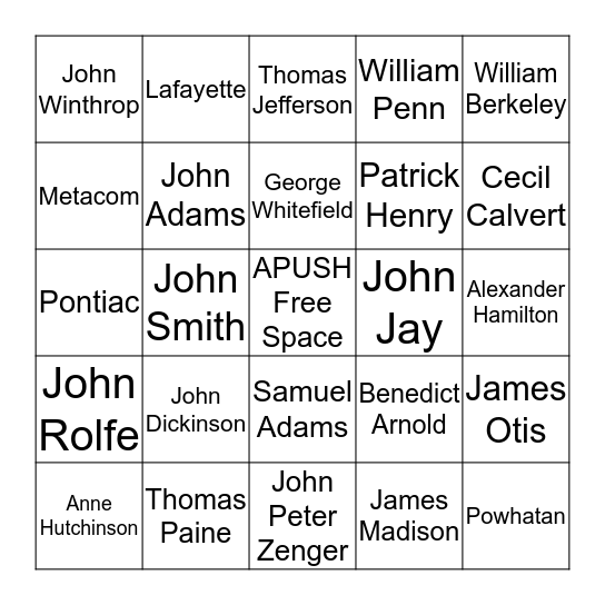 APUSH Period 2-3 People Bingo Card