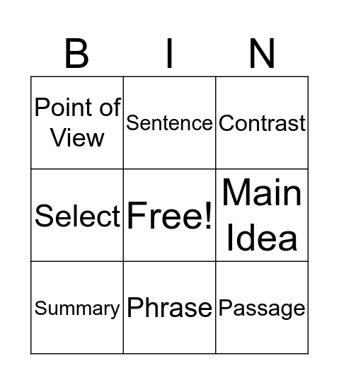 Vocabulary Week One Bingo Card