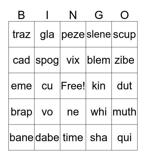 Syllable Bingo Card