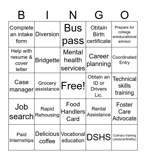 The REACH Center Resources & Services Bingo Card