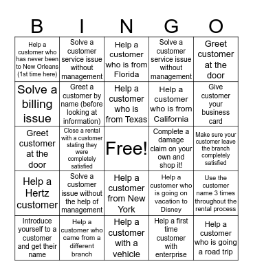 Customer Service Bingo Card