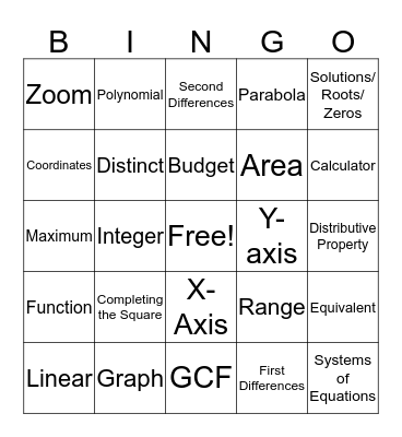 Quarter 3 Algebra 1 Bingo Card