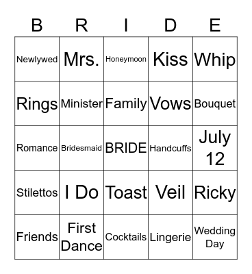 Bride Bingo Card