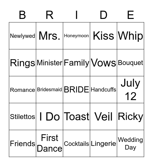 Bride Bingo Card