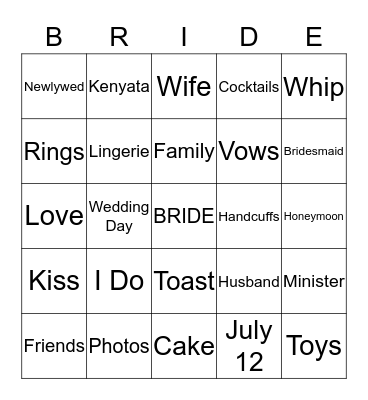 Bride Bingo Card