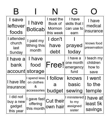 Path to Self Reliance Bingo Card