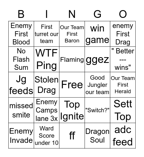 League Bingo 2 Bingo Card