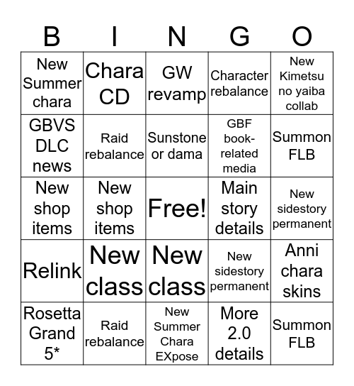 GBF 6th Stream Bingo Card