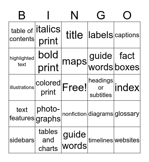 TEXT FEATURES Bingo Card