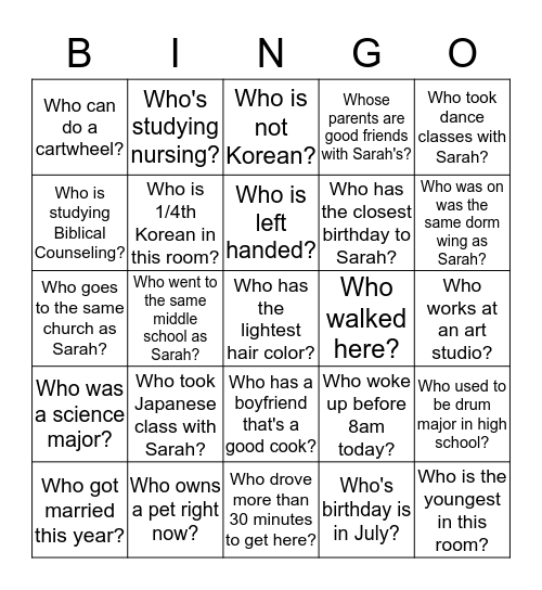 GET TO KNOW ONE ANOTHER! Bingo Card