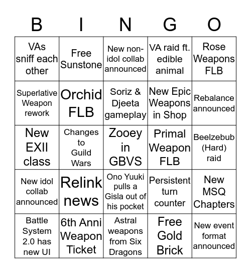 Granblue Fantasy 6th Anniversary Bingo Card