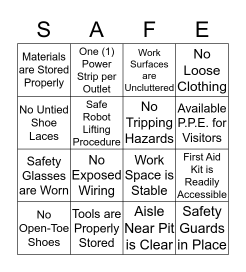 Safety Checklist 'Bingo' Bingo Card