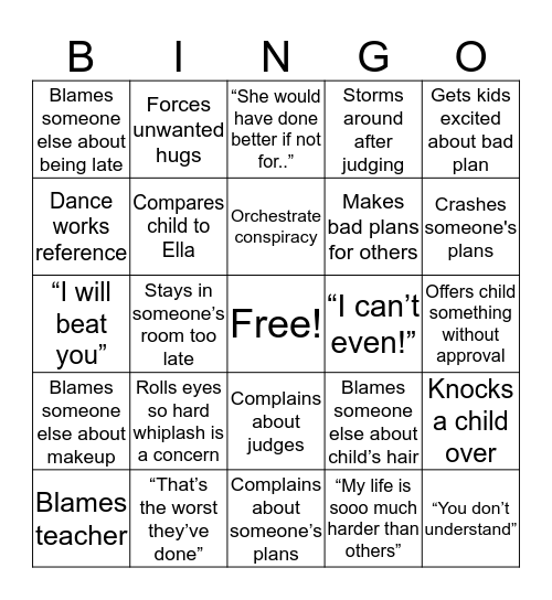 Dance Mom Bingo Card