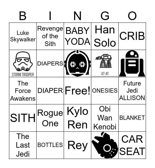 Future Jedi Baby Shower Bingo Card