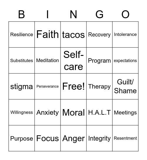Recovery bingo II Bingo Card