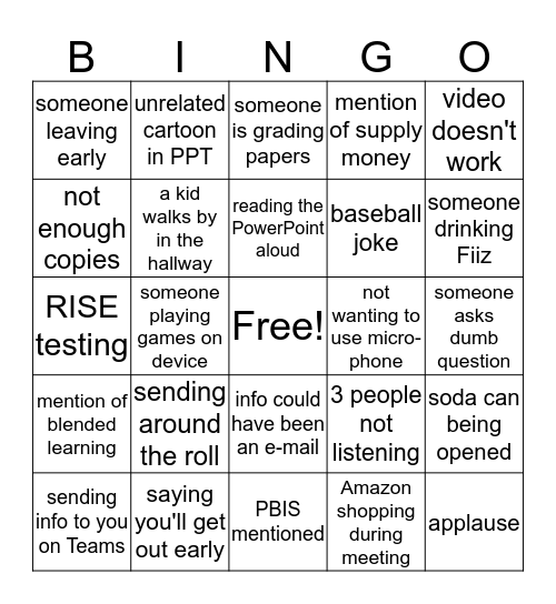 Faculty Meeting Bingo Card