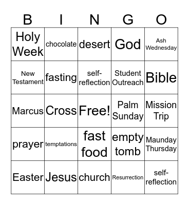 Lent 101 Bingo Card