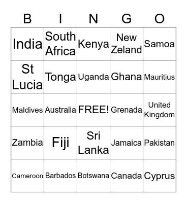 Commonwealth Countries Bingo Card