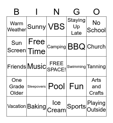 Summer Themed Bingo Card